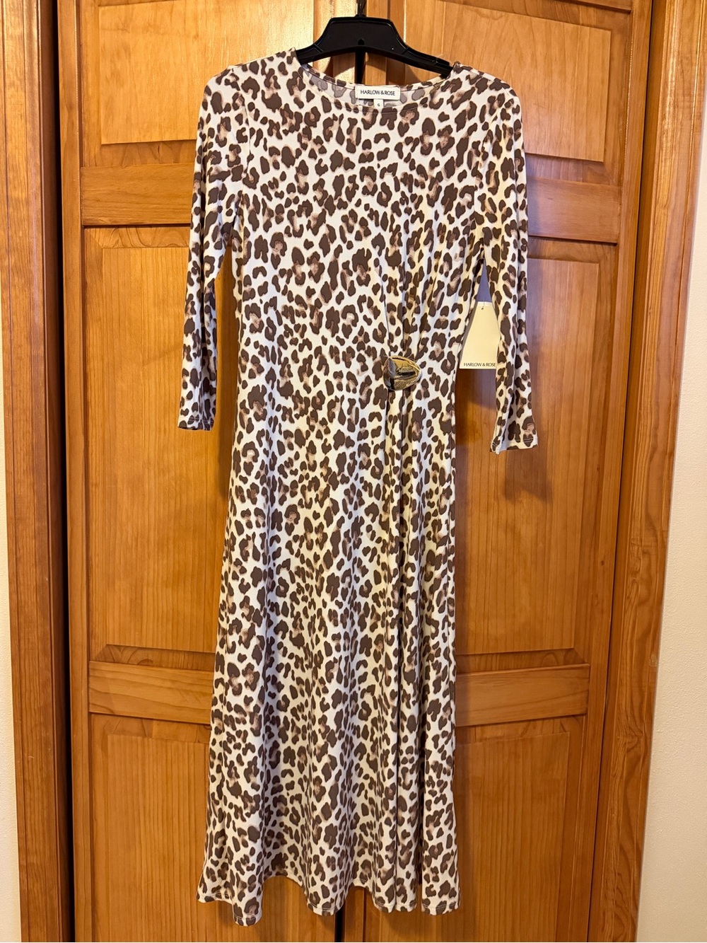 Leopard Print Long Sleeve Midi Dress - Taupe/Cream NWT Small